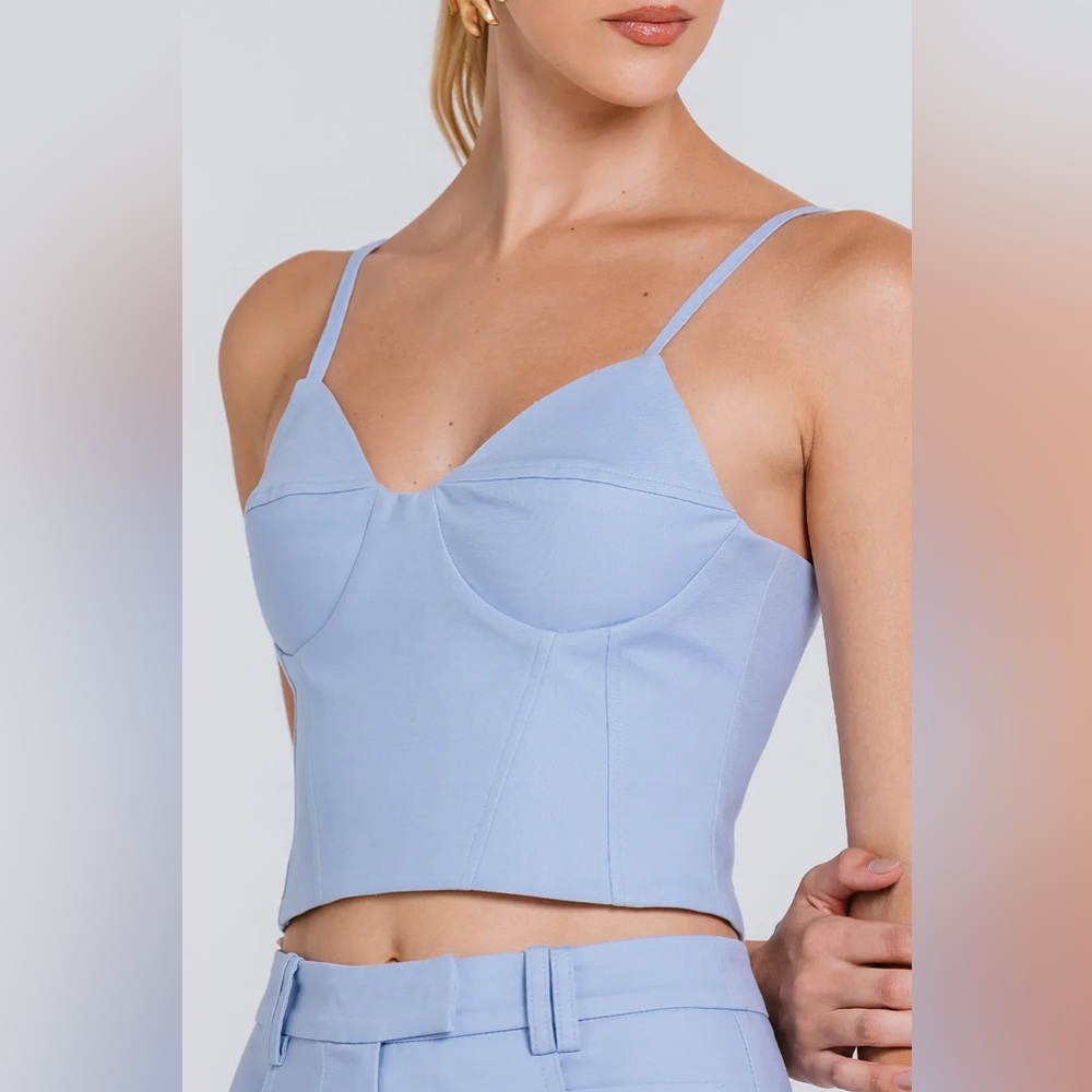 Pastel Blue Bustier Ribbed Crop Top - Crossover Back - Size S